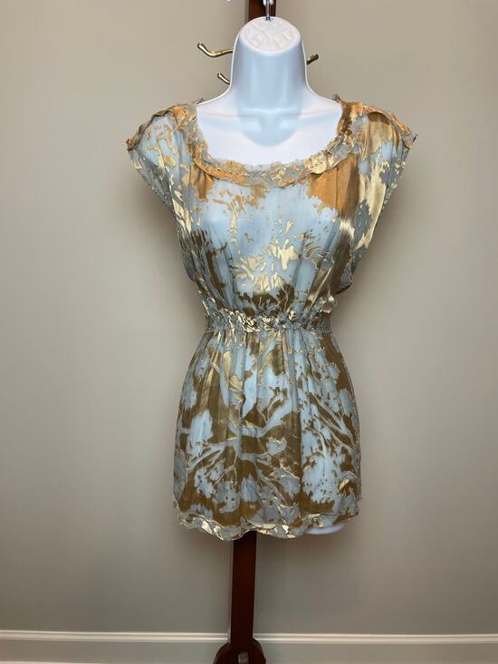 Project Alabama Tops - Project Alabama Silk Blend Tunic Blouse Size 6 Light Blue Gold Floral Abstract